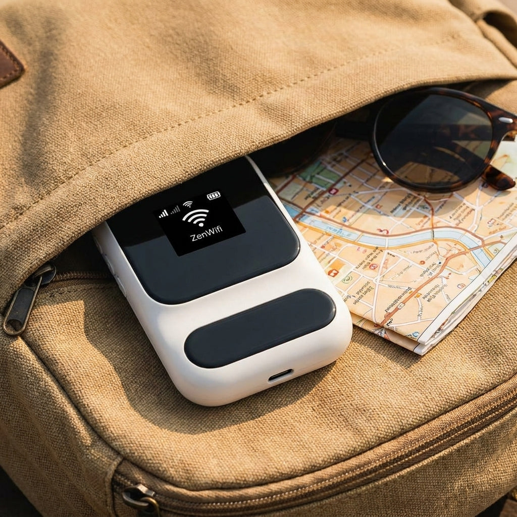 ZenWifi dans un sac de voyage avec carte et lunettes