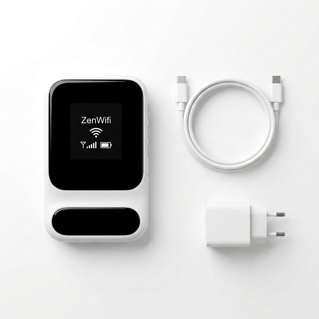 ZenWifi avec son chargeur européen et son câble USB-C inclus, posés à plat