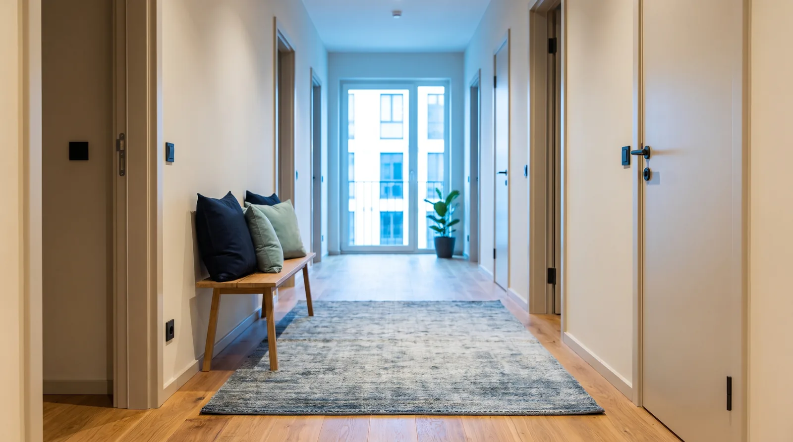 Couloir d'un appartement desservant plusieurs pièces