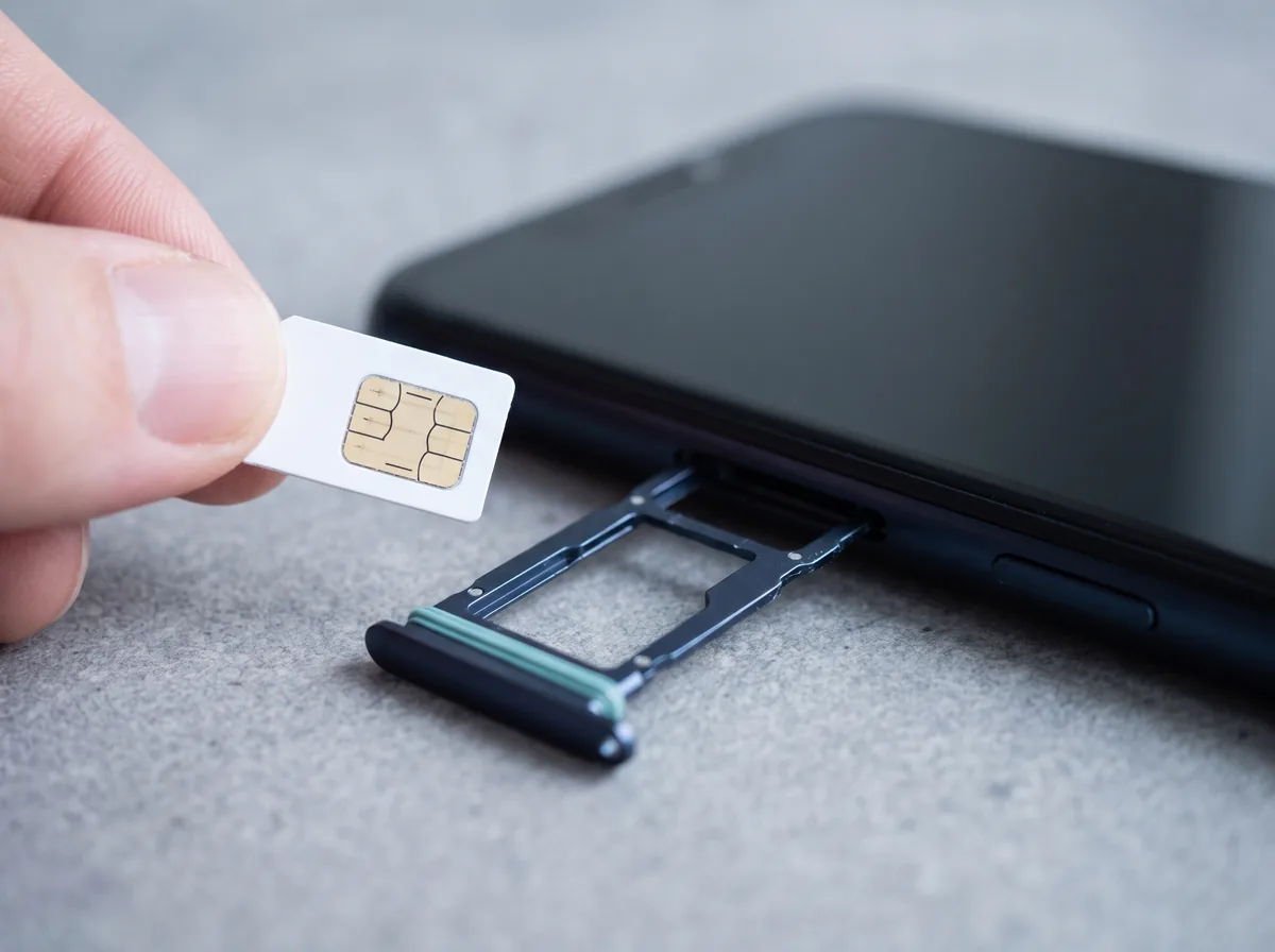 Carte SIM prépayée et tiroir SIM d'un smartphone, vue macro