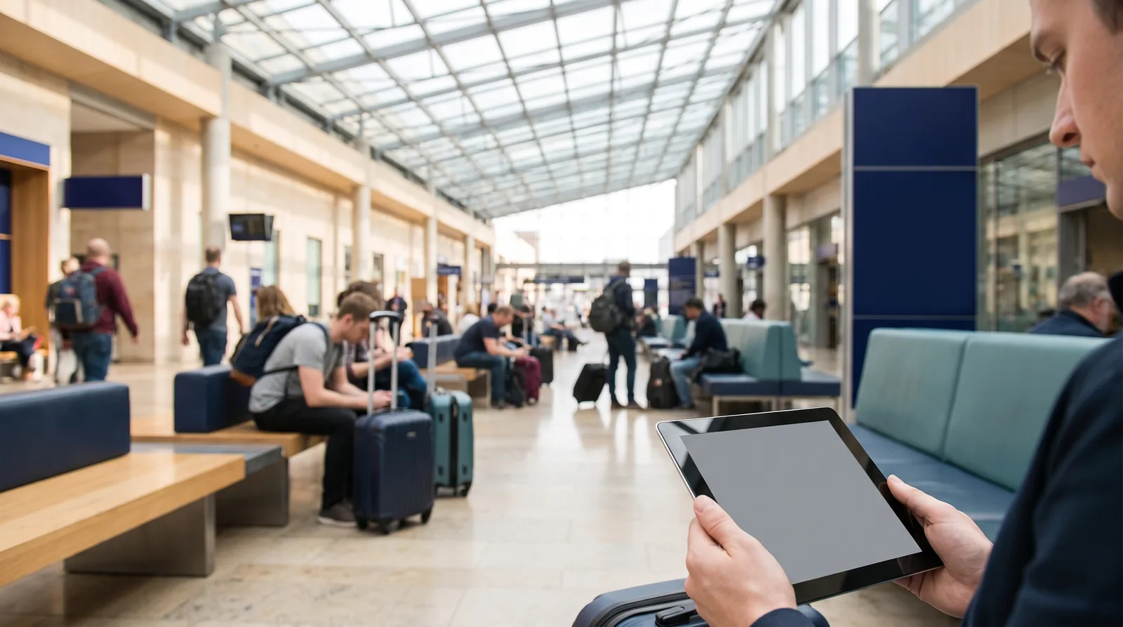 Voyageurs connectés au réseau sans fil d'une gare