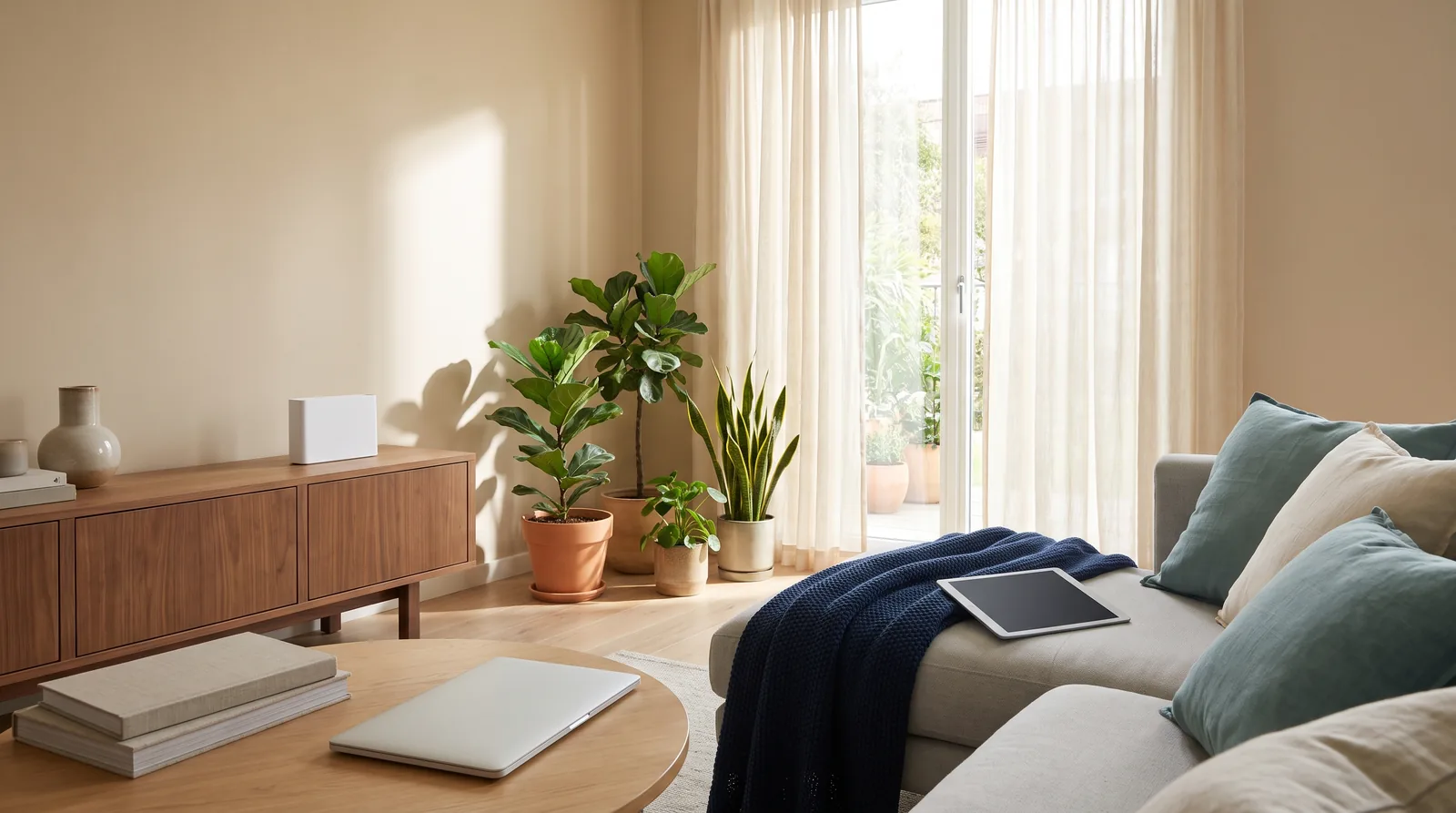 Salon lumineux d'un logement où plusieurs appareils partagent la même connexion Wi-Fi