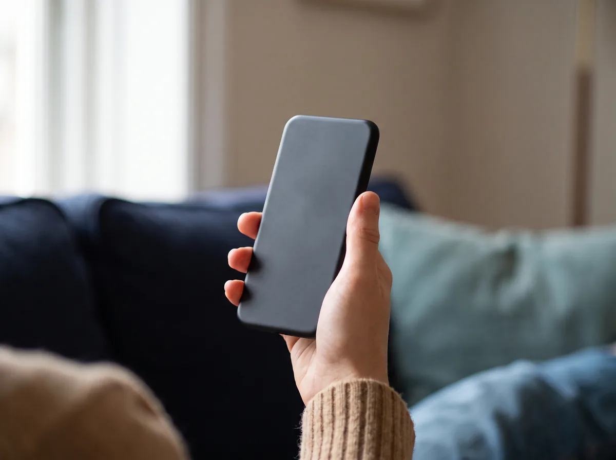 Smartphone tenu en main dans un intérieur, recherche de signal