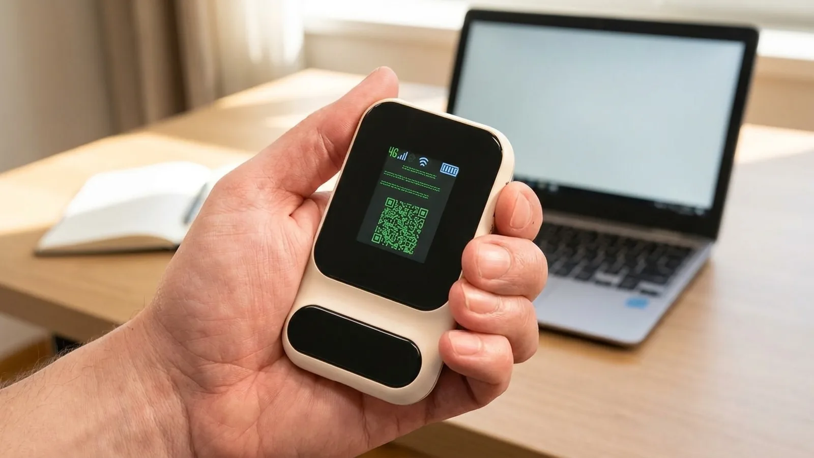 Boîtier ZenWifi tenu en main devant un bureau de télétravail