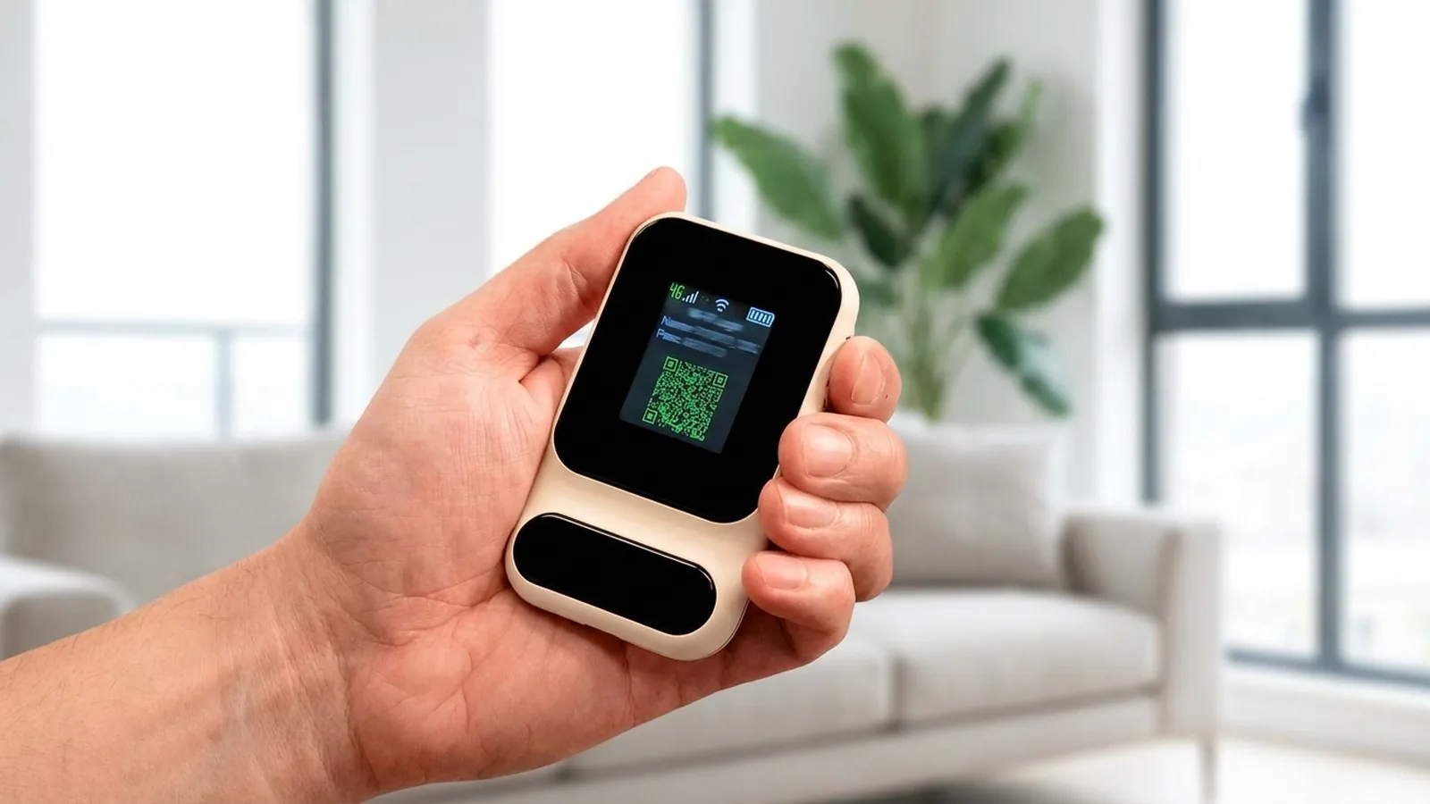 Boîtier ZenWifi tenu en main dans un salon lumineux, écran de connexion Wi-Fi affiché