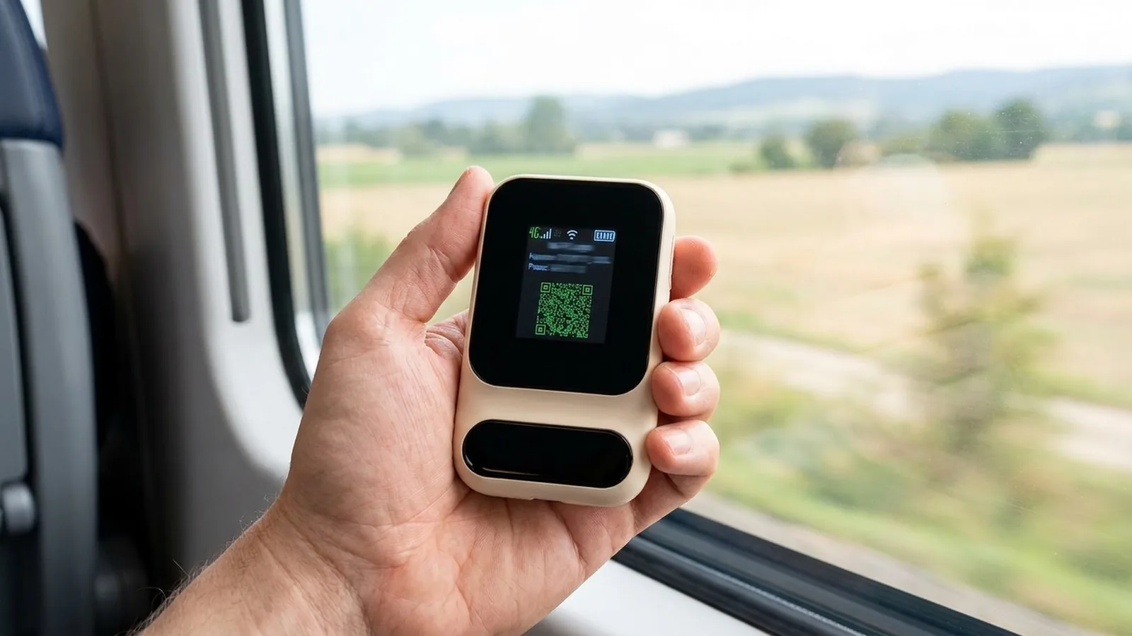 Boîtier ZenWifi tenu en main près de la fenêtre d'un train