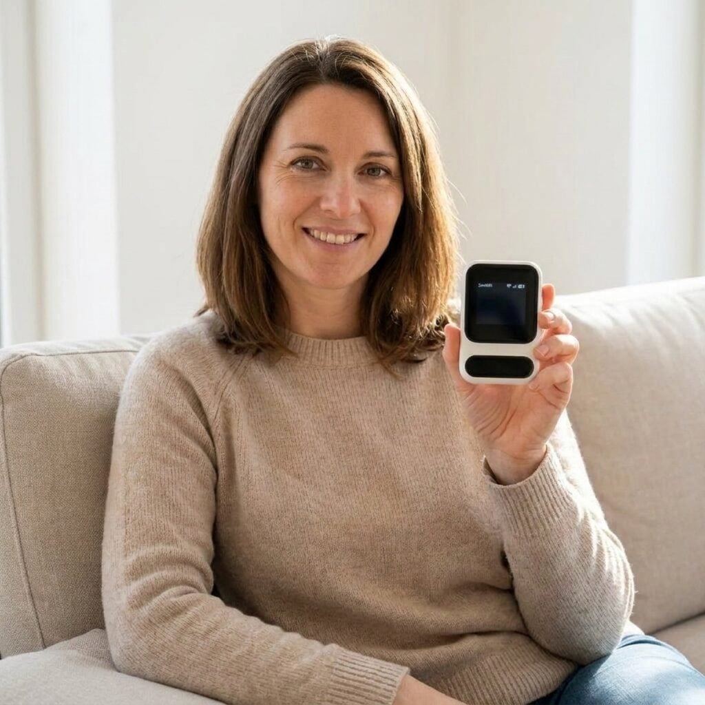 Femme souriante présentant son ZenWifi dans son salon